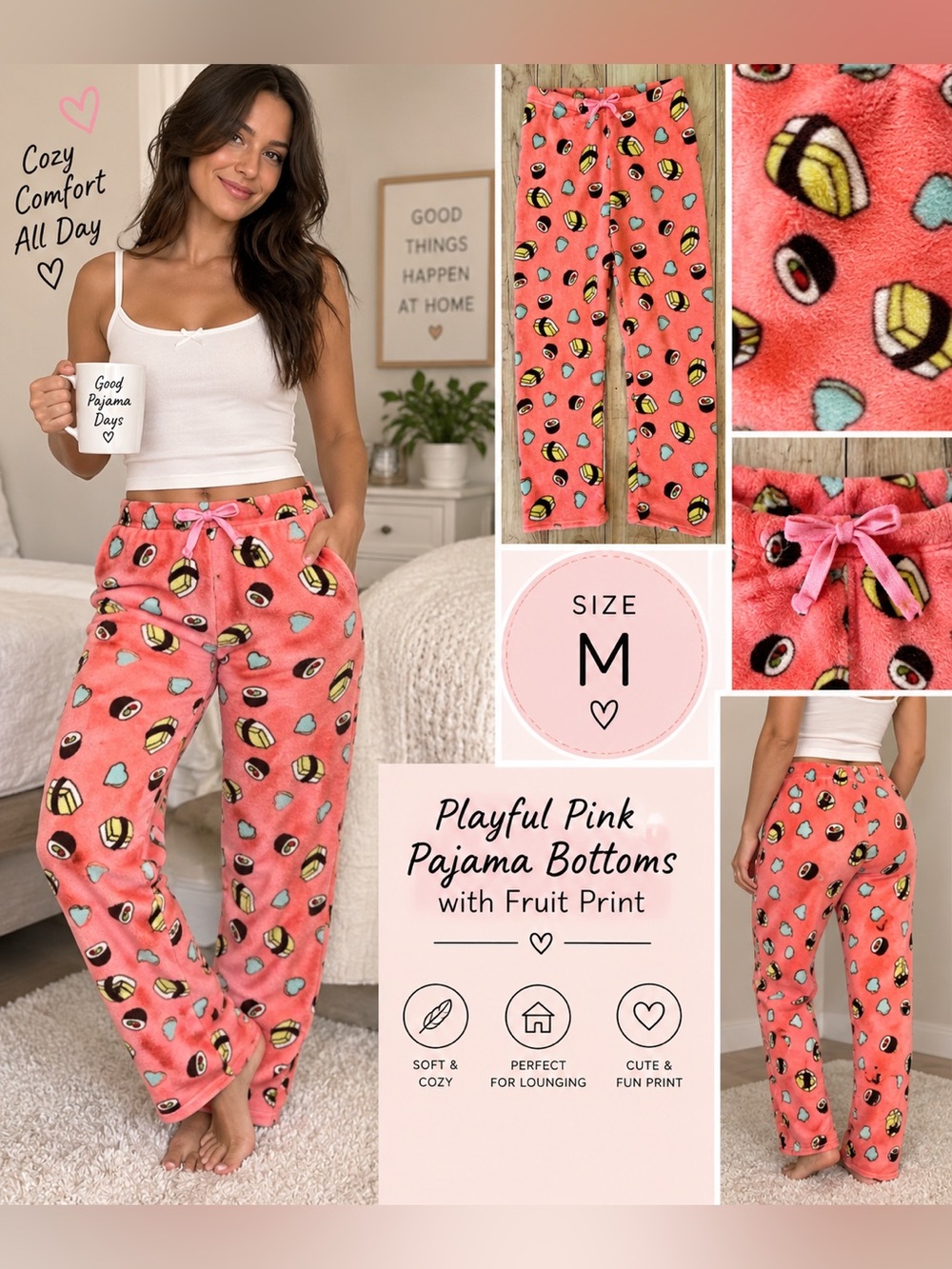 Victoria Pink Sushi and heart Print Fleece Pajama Pants Size M Cozy Lounge